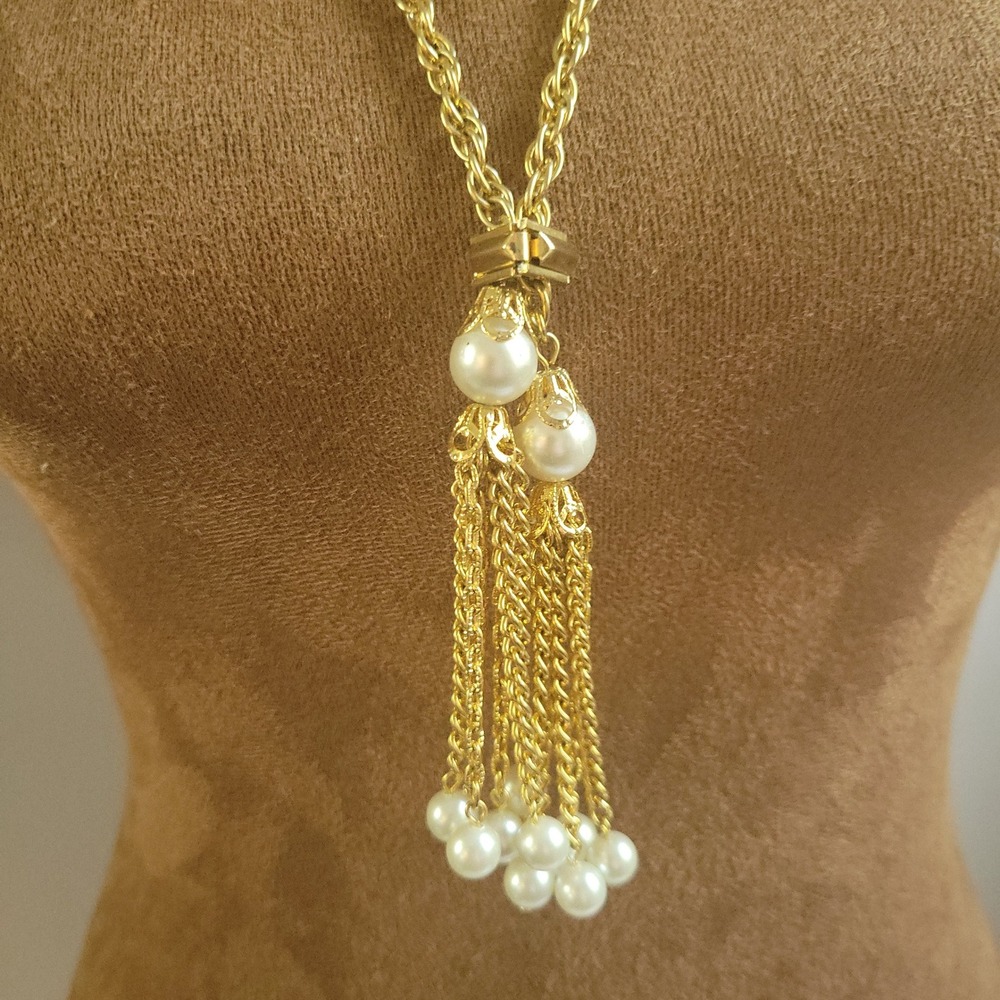 Vintage Gold Tone Faux Pearl Tassel Long Rope Chain Necklace 24" Victorian - Picture 3 of 6